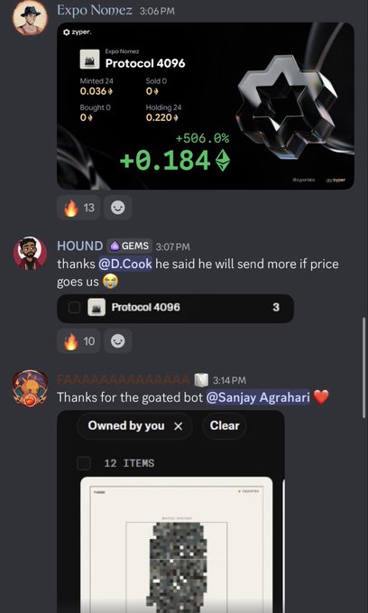 A Discord conversation shows users celebrating a successful mint of "Protocol 4096," with Expo Nomez displaying a +586.0% gain (+0.184 ETH) and users HOUND and FAAAAAAAAAAAAAA praising D.Cook and Sanjay Agrahari for the bot/coordination that helped the group achieve over 1,000 mints, climbing from 0.0015 ETH to 0.019 ETH.