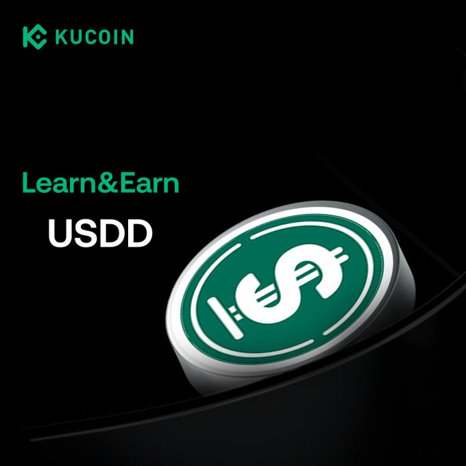 A promotional graphic for KuCoin's "Learn & Earn" campaign featuring a 3D green USDD stablecoin coin, highlighting the USDD ticker and a 200 USDD reward pool for participants who complete the quiz.