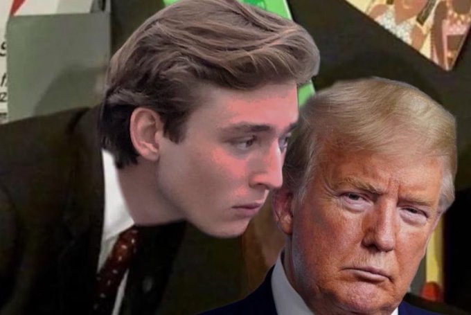 So, let's look at the image. There are two people: one is a younger man (maybe a younger version of someone, but the key is the interaction). The other is Donald Trump. The post says "Ask them for a rematch, father". So the image shows a younger person leaning towards Trump, which relates to the caption about asking for a rematch. Need to describe the visual elements concisely.

First, identify the subjects: a younger man in a suit and Donald Trump. Then connect to the note. The caption should be 1-2 sentences. Let's check: the image has a younger man (left) and Trump (right), with the younger man looking at Trump. The note's text is about asking for a rematch, father. So the image shows the younger man (perhaps a son or someone) leaning in, which matches the "ask them" part. So the caption: "A younger man in a suit leans toward Donald Trump, visually representing the