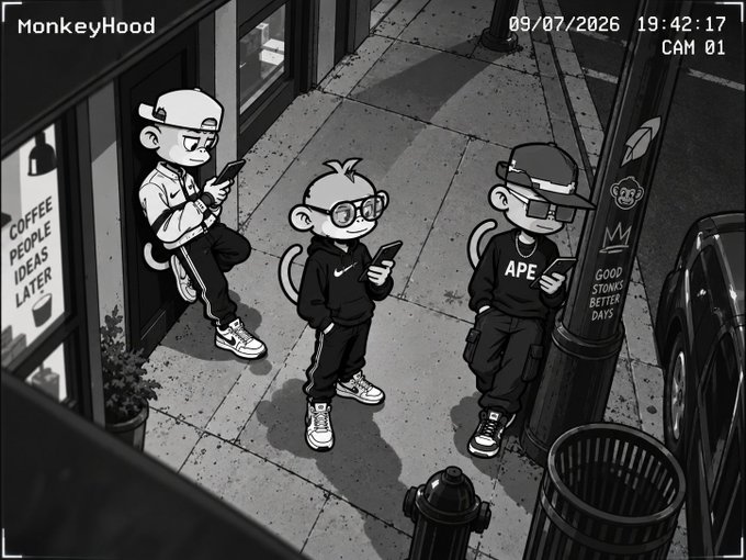 A black-and-white illustrated scene styled like a CCTV surveillance camera feed labeled 'MonkeyHood' and 'CAM 01', depicting three stylized monkey characters in streetwear (including Nike and APE branded clothing) standing on a sidewalk, each absorbed in their smartphones.
