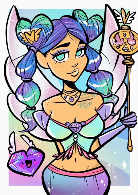 A colorful illustration depicts a blue-haired fantasy character with pigtails holding an ornate golden staff, accompanied by a small purple heart-shaped creature with wings.