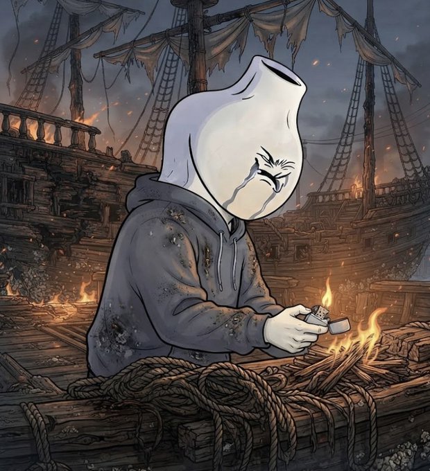 The image depicts an anthropomorphized JPEG file character, complete with a tear streaming down its face, wearing a tattered gray hoodie and crouched amid the wreckage of a burning ship, attempting to light a small lighter. The scene is filled with dramatic imagery of splintered wood, billowing smoke, tangled ropes, and scattered flames engulfing the galleon's remains under a stormy sky. This poignant and humorous visual of a crying JPEG clinging to the only tool it has—a lighter—satirizes the accompanying post's declaration of "giving the JPEG a f***ing job," symbolizing how the meme coin project aims to赋予 utility and purpose to a typically worthless asset, much like trying to salvage something from a devastating shipwreck.