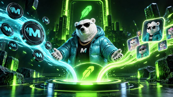 A stylized 3D render of a white bear wearing sunglasses and a teal puffer jacket, surrounded by floating 'M' tokens and NFT-style bear character cards in a neon green futuristic setting.