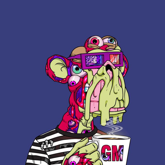 A grotesque, surreal cartoon character with multiple eyes, dripping green slime, and psychedelic red/purple patterns wears 3D glasses and holds a coffee mug labeled "GM" while another mug nearby reads "HMM," directly illustrating the post's pairing of the two expressions.
