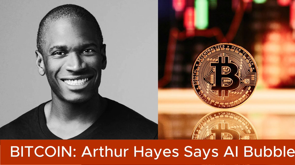 The image features an advertisement for Bitcoin featuring a man smiling next to a coin. The text above the photo reads "BITCOIN: Arthur Hayes Says AI Bubble Could Crush Bitcoin First BitMEX co founder Arthur Hayes ( @CryptoHayes ) says the AI sector may be approaching a major correction". This suggests that Arthur Hayes, who is known for his expertise in cryptocurrency, has made an interesting observation about the potential impact of artificial intelligence on the Bitcoin market.

The coin itself is a gold-colored Bitcoin token with a black dot in the center. The image also includes a blurred background featuring a cityscape and a building, which could be related to the Bitcoin blockchain or the company behind it.