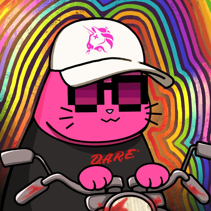 A vibrant cartoon pink cat character wearing a white cap with a unicorn logo and pixelated sunglasses grips a motorcycle handlebar against a swirling rainbow background, with the word "DARE" displayed on its shirt.

The image humorously references the "D.A.R.E." anti-drug slogan ironically on a character that appears to be riding a motorcycle, complementing the post's celebration of crypto rewards and NFT airdrops despite community selloffs.