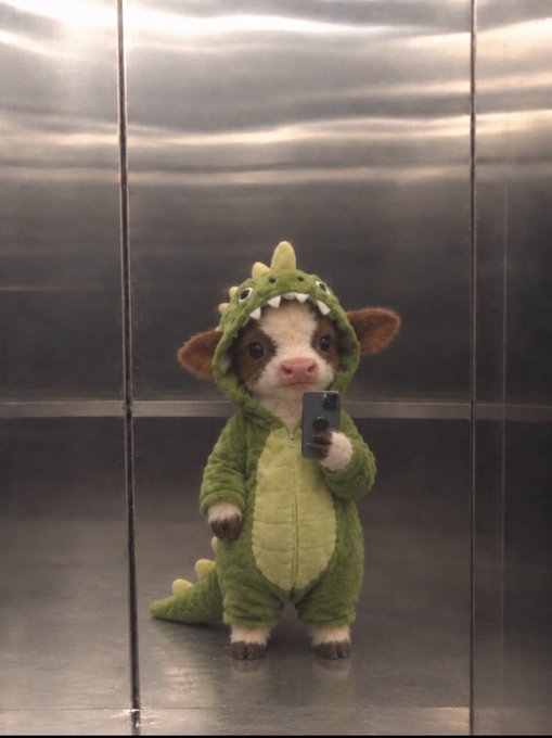 An adorable small piglet dressed in a green dinosaur costume with a hood, taking a mirror selfie with a phone while standing on a reflective metallic surface.