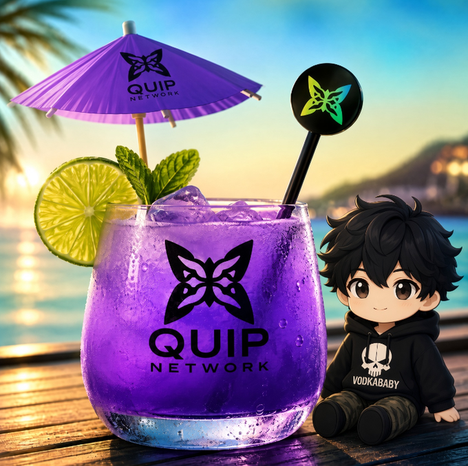 A promotional image for 'QUIP NETWORK' featuring a purple cocktail in a glass branded with the QUIP logo, garnished with lime and a purple umbrella, alongside a chibi-style character mascot wearing a 'VODKABABY' hoodie.