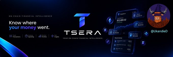 A promotional banner for 'TSERA - ON-CHAIN FINANCIAL INTELLIGENCE' with the tagline 'Know where your money went.' featuring wallet balance displays of $12,480.32 and gas fees.