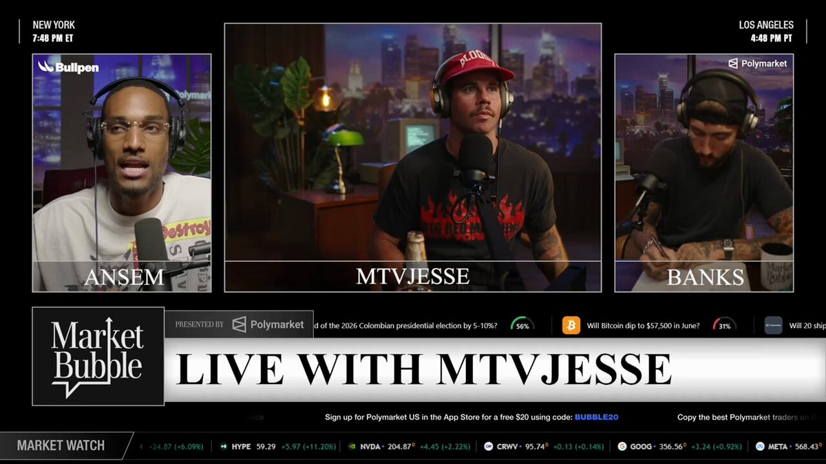 The image shows a live TV broadcast of three men talking about bullpen with @Banks and @JesseSebastiani, who are both from Hyperliquid. The men are wearing red hats and have microphones in front of them as they discuss the market. The image also includes text that reads "Live With Mtvjesse" and "@Market Bubble".