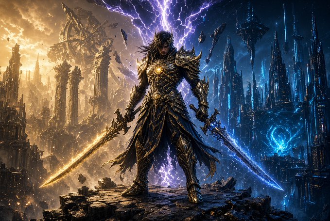 A fantasy artwork featuring a warrior in ornate dark armor holding two glowing swords—one emitting orange light and the other blue—standing on a rocky outcrop between two contrasting citadels under stormy skies with lightning.