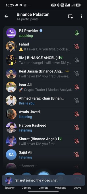 A screenshot of a Binance Pakistan group call interface showing 44 participants, with users like 'P4 Provider', 'Fahad', and 'Riz (BINANCE ANGEL)' listed, and a note that 'Sharef joined the video chat.'