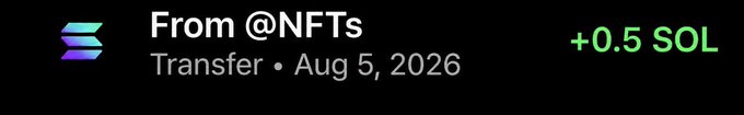 The image displays a transaction notification showing a transfer of "+0.5 SOL" received "From @NFTs" on "Aug 5, 2026," serving as proof of a Solana wallet drop to incentivize participation in the "FIRST 200 WHO REPOST" giveaway.
