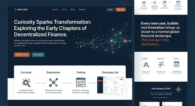 A promotional webpage for DeFiJUST with the headline 'Curiosity Sparks Transformation: Exploring the Early Chapters of Decentralized Finance' and sections labeled Curiosity, Exploration, Testing, and Everyday Use.
