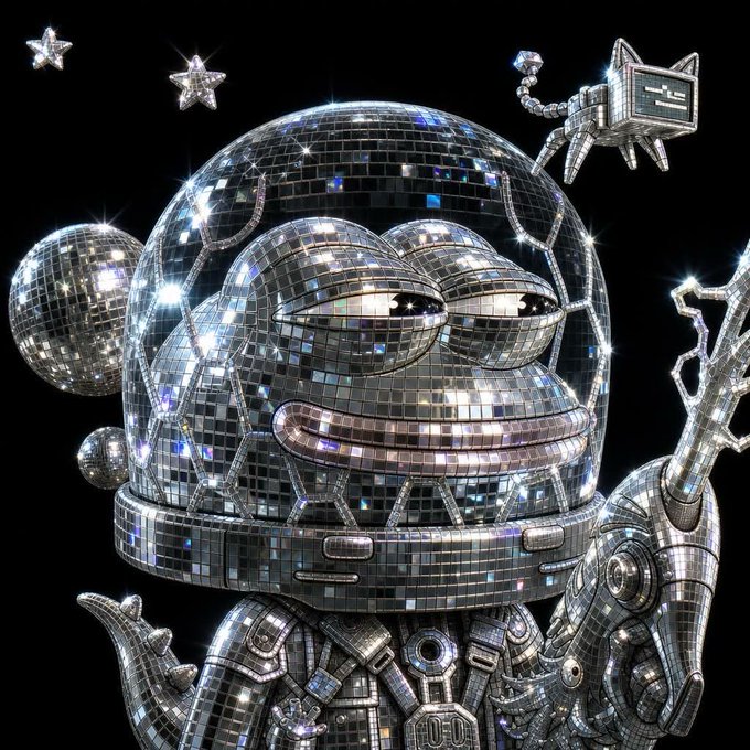 Digital artwork of a disco ball-style character with a domed helmet, surrounded by stars, a disco ball, and a small robot cat, rendered in a reflective, mirrored style.