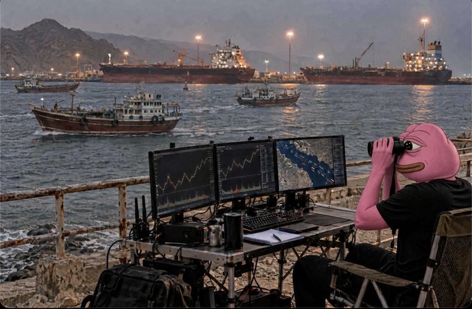 A surreal image of a pink Pepe the Frog character sitting at a desk with multiple monitors showing trading charts, using binoculars to look at large cargo ships in a harbor at dusk.