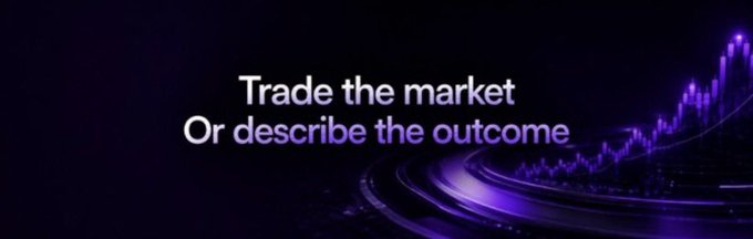 A dark graphic with purple neon waves and a stylized candlestick chart displaying the text 'Trade the market' and 'Or describe the outcome'.