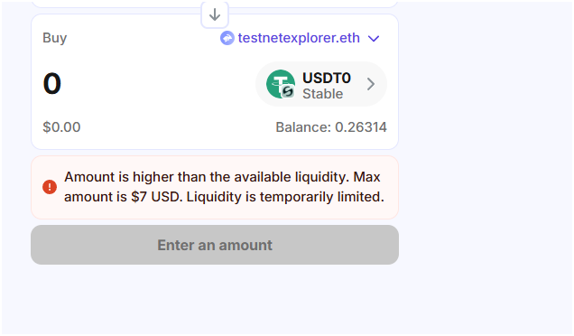 A crypto swap interface shows an attempt to buy USDT0 on the testnetexplorer.eth platform with a balance of 0.26314, displaying an error that the amount exceeds the available $7 USD liquidity limit. This contradicts the post's claim about buying $FEFER, as the image actually shows a failed USDT0 transaction on what appears to be an Ethereum testnet rather than the Arc chain token promotion being advertised.
