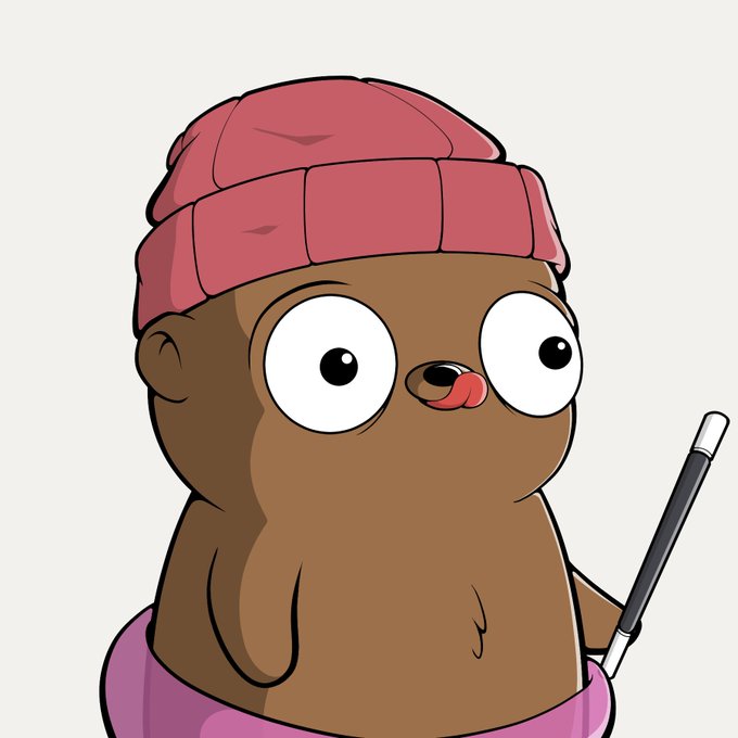 A cartoon illustration of a brown seal wearing a pink beanie and holding a pen.