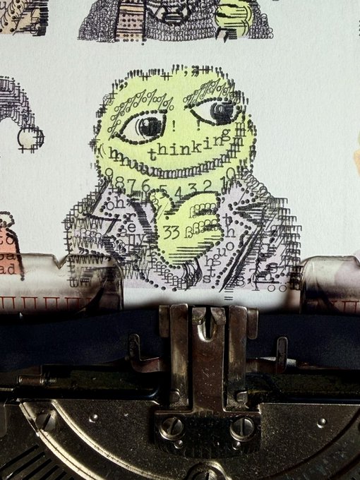 A photograph of a typewriter with a piece of paper showing a mixed-media illustration of a face made from text and scribbles, with the word 'thinking' prominently displayed across the forehead.
