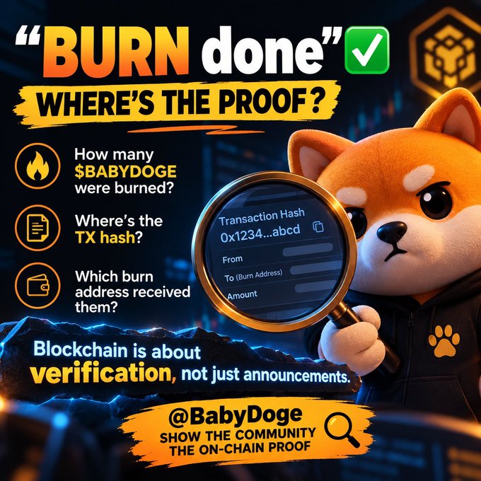 A promotional graphic featuring a Shiba Inu mascot holding a magnifying glass over a transaction hash, demanding proof of $BABYDOGE token burns with the text 'BURN done - WHERE'S THE PROOF? Blockchain is about verification, not just announcements.'