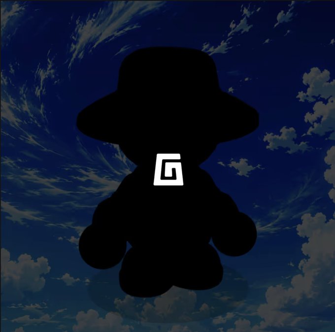 A black silhouette of a small bear-like figure wearing a wide-brimmed hat with a white spiral logo on its chest is set against a dark blue sky with clouds.