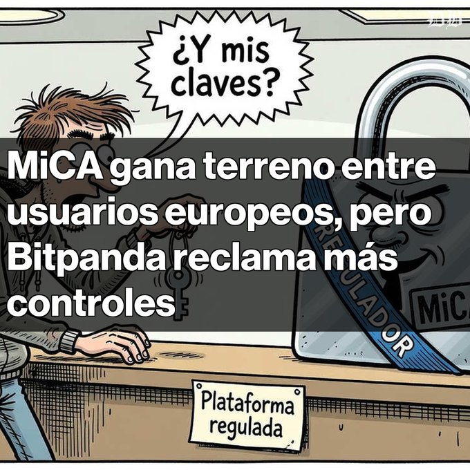 A cartoon comic panel showing a man with messy hair asking "¿Y mis claves?" next to a large padlock labeled "MiCA REGULADOR", with Spanish text overlay reading "MiCA gana terreno entre usuarios europeos, pero Bitpanda reclama más controles".