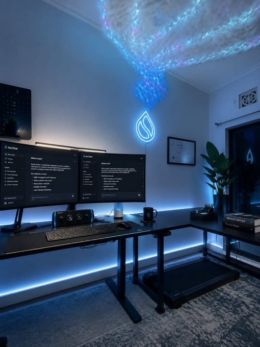 A futuristic gaming/tech setup featuring dual monitors on an L-shaped desk with blue LED lighting, a glowing blue water-drop neon sign, cloud-like LED ceiling projection, a plant, and a mug.