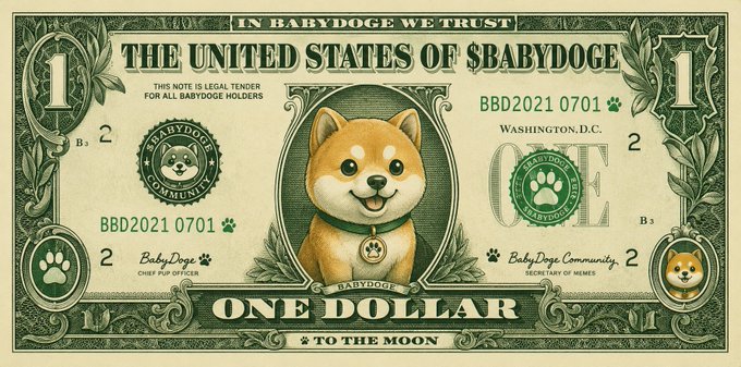 A novelty 'United States of $BABYDOGE' one dollar bill features a Shiba Inu dog in the center, with text reading 'IN BABYDOGE WE TRUST' and 'TO THE MOON'.
