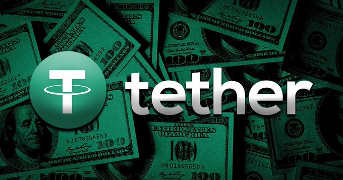 Promotional graphic for Tether featuring its green logo over a backdrop of US $100 bills.
