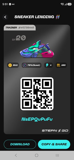 A mobile app screen for STEPN GO showing a Sneaker Lending listing with a colorful pair of virtual sneakers at level 20, displaying a QR code and trainer ID #415780448.