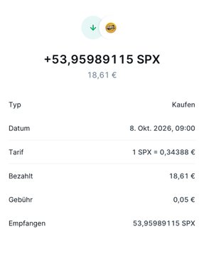 A crypto transaction confirmation showing the purchase of 53.95989115 SPX (SPX6900) for 18.61€ on October 8, 2026, at a rate of 1 SPX = 0.34388€, representing day 14 of a dollar-cost averaging strategy into the SPX6900 memecoin.