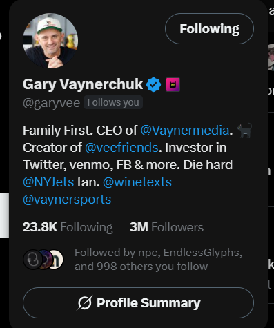 A Twitter/X profile for Gary Vaynerchuk (@garyvee), CEO of Vaynermedia, with 23.8K following and 3M followers.