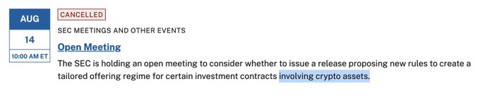 A scheduled SEC open meeting on August 14 at 10:00 AM ET, marked as "CANCELLED," was set to consider new rules for a tailored offering regime for crypto asset investment contracts.

The image shows the meeting was postponed due to a scheduling conflict, but the post reassures $XRP holders that the SEC's regulatory direction regarding crypto assets remains unchanged.