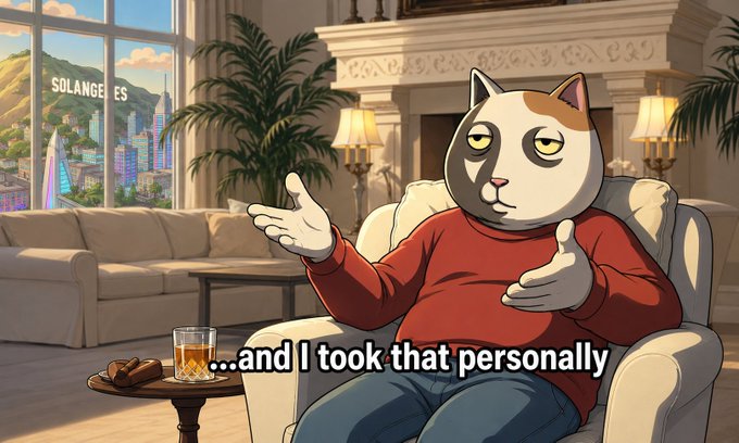 A cartoon cat in a red sweater sits in a luxurious living room with a view of a futuristic city labeled "SOLANGELES," captioned "...and I took that personally," reflecting the "KETANGELES" post about the Solana network hype and those taking offense to it.