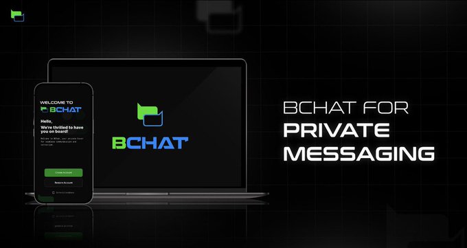 A promotional graphic for 'BCHAT', advertising it as an app 'FOR PRIVATE MESSAGING' alongside mockups of the application on a laptop and smartphone.