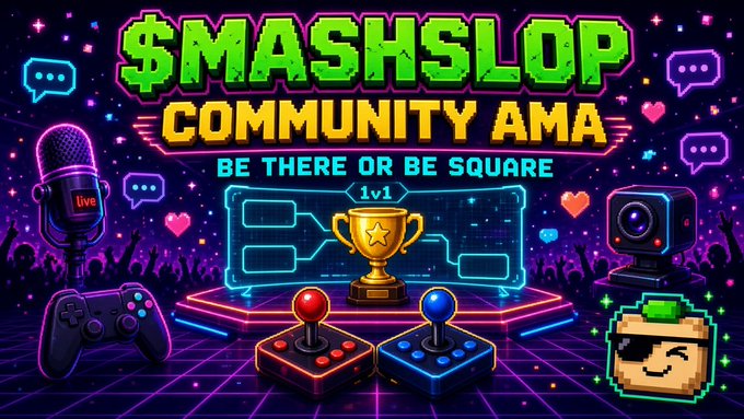 Neon-styled promotional banner for '$MASH$SLOP COMMUNITY AMA' with the tagline 'BE THERE OR BE SQUARE,' featuring a tournament bracket leading to a gold trophy, alongside gaming controllers, arcade joysticks, a microphone, and a pixel-art character icon.