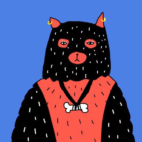 A stylized digital illustration of a figure with a black animal mask/hood featuring pink ears, eyes, and nose, wearing a red and black outfit with a bone pendant against a blue background.