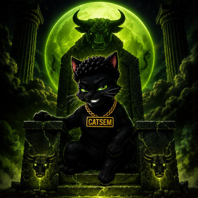 A black cat wearing a gold chain and a "CATSEM" nameplate sits on a stone throne beneath a green moon, flanked by bull carvings, projecting a throne-like, bullish energy that matches the post's announcement of $CATSEM's final preparation phase.