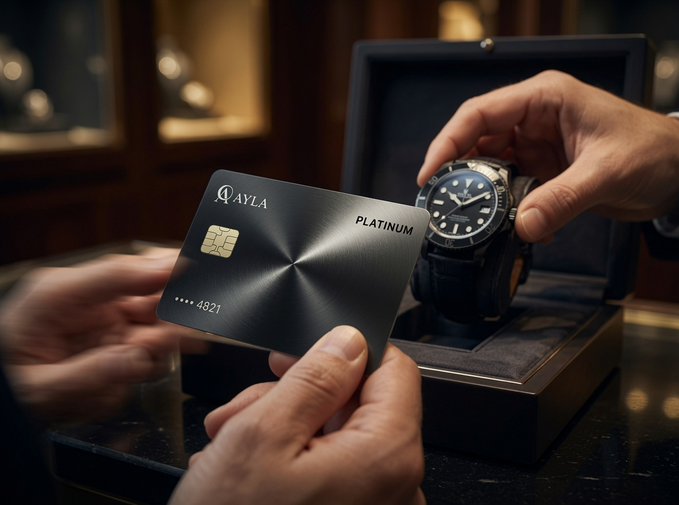 A hand presents a sleek black "QAYLA PLATINUM" card ending in "4821" alongside a luxury wristwatch displayed in its box, symbolizing the intersection of premium financial tools and high-value assets. The image visually reinforces the post's message about money's evolution and the new utility of digital assets, pairing a premium payment card with a tangible luxury good to illustrate how modern financial tools bridge the physical and digital worlds.
