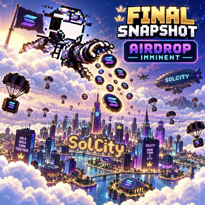A vibrant pixel-art promotional graphic titled 'FINAL SNAPSHOT AIRDROP IMMINENT' featuring Solcity, a Solana-branded futuristic cityscape with airships and parachuting tokens.