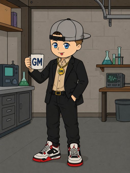 A cartoon illustration of a stylish character in a black suit and cap holding a 'GM' mug, wearing a 'GM' gold chain, standing in a lab setting.