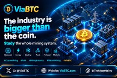 A promotional advertisement for "ViaBTC" with the tagline "The industry is bigger than the coin" featuring mining hardware and a Bitcoin symbol.