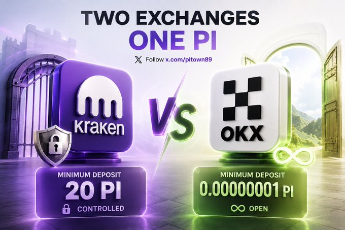 The image is a comparison graphic titled "TWO EXCHANGES ONE PI" showing Kraken (with a 20 PI minimum deposit, marked "CONTROLLED" with a lock icon) versus OKX (with a 0.00000001 PI minimum deposit, marked "OPEN" with an infinity symbol), highlighting the contrasting deposit restriction philosophies between the two platforms.
