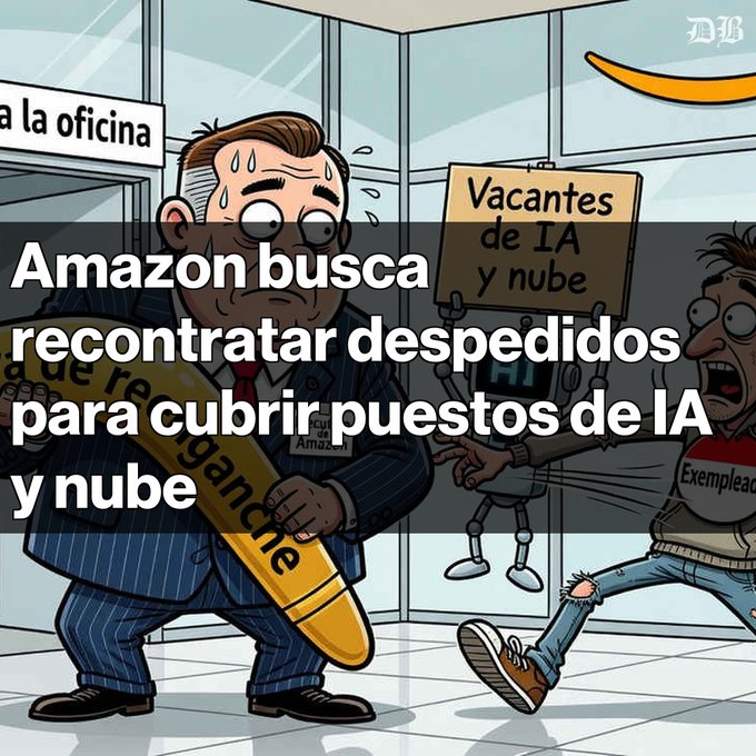 A Spanish cartoon from WSJ showing Amazon recruiters, with text overlay "Amazon busca recontratar despedidos para cubrir puestos de IA y nube" (Amazon seeks to rehire laid-off workers to fill AI and cloud positions).