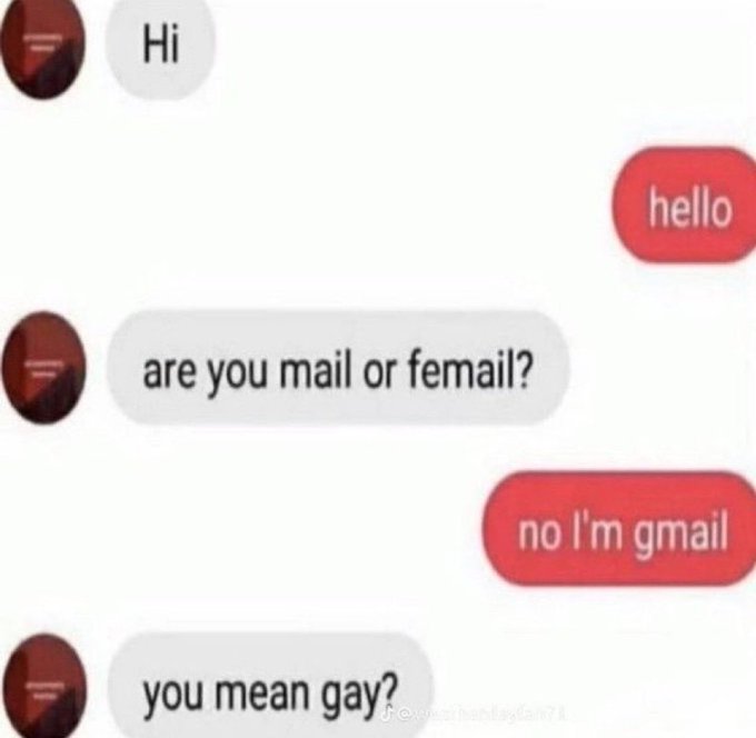 A humorous text message exchange reads: 'Hi' / 'hello' / 'are you mail or femail?' / 'no I'm gmail' / 'you mean gay?'.