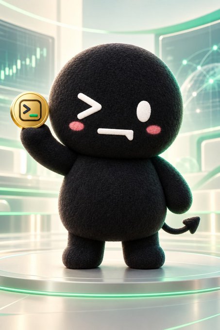 A 3D-rendered black fluffy character with a mischievous expression holding up a gold coin, standing in a high-tech environment with green accents.