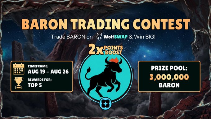 A promotional graphic for a 'BARON TRADING CONTEST' on WolfSwap, offering 2x points boost and a prize pool of 3,000,000 BARON, running from Aug 19 - Aug 26 with rewards for the top 5 traders.