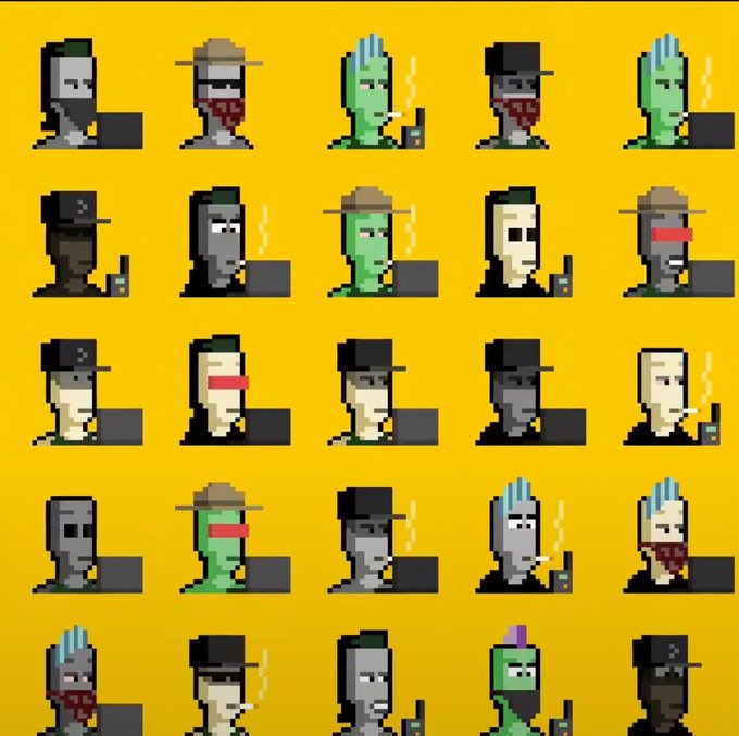 A grid of pixel art character portraits in various colors and hat styles, many smoking cigarettes, against a solid yellow background.