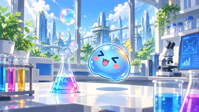 A cute, sparkling blue slime mascot sits on a lab bench beside colorful flasks, bubbles, and a microscope, with a futuristic eco-city skyline visible through the window—matching the post's reference to an NFT project (discord.gg/oshilabs) by evoking a sci-fi, blockchain-inspired laboratory aesthetic.